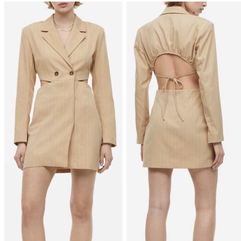 H&M Cut-Out Blazer Jacket Backless Long Sleeve Mini Dress Beige Tan Pinstripe M
